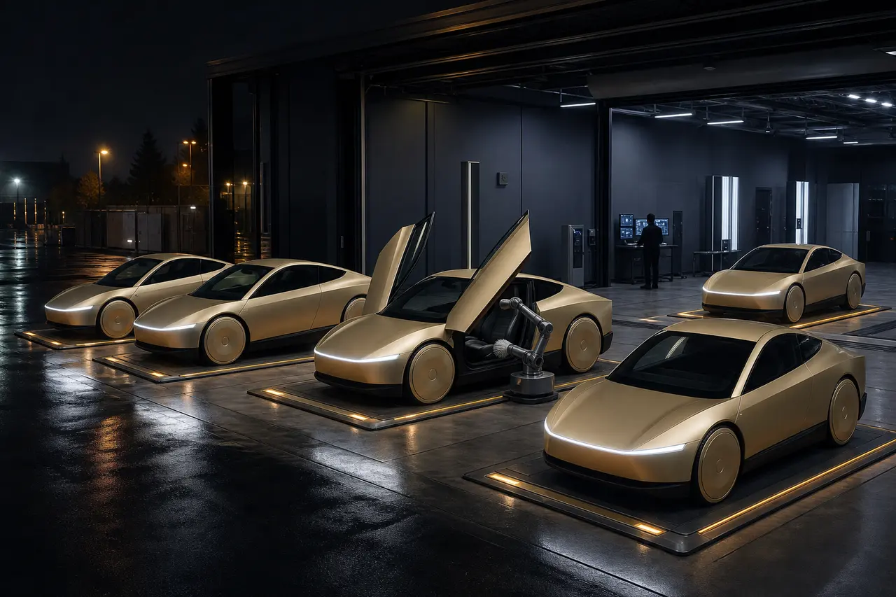 Concept image: gold robotaxis lined up in a dark depot at night, with a robot arm positioned over one cab.