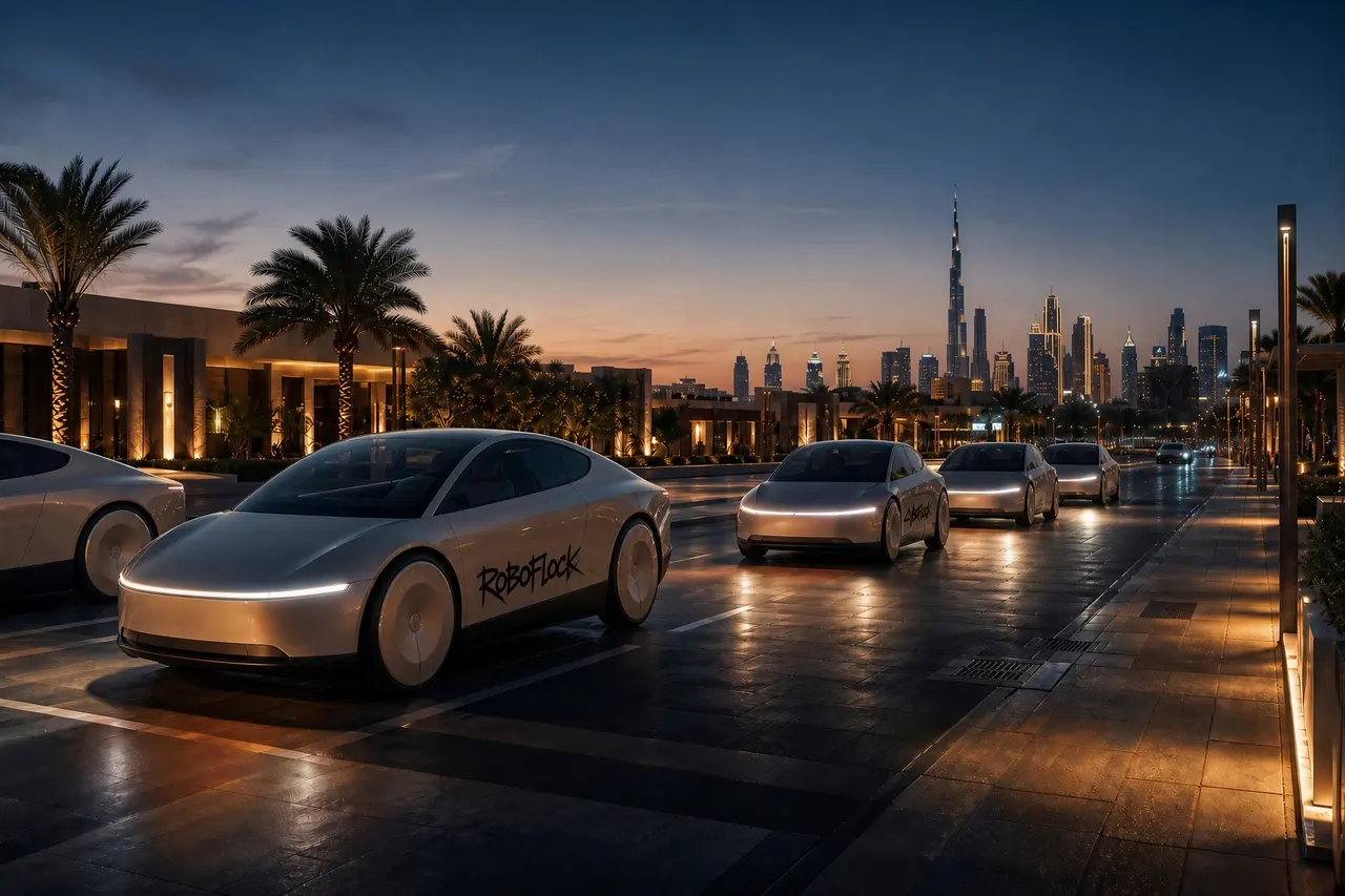 Concept image: a line of gold robotaxis on a Dubai highway at dusk, the lead cab marked RoboFlock, with the Burj Khalifa behind them. Not a photograph of a Tesla service in the UAE.